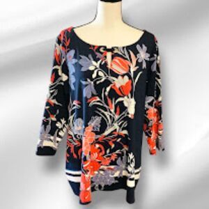 Charter Club Beautiful Floral Print 3/4 Sleeves Tunic Top Intrepid Blue Combo 2X